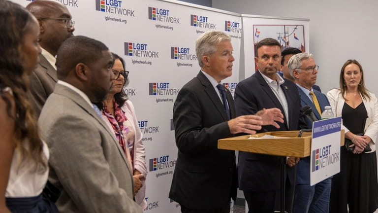Suffolk County Executive Steve Bellone speaks Friday at the LGBT...
