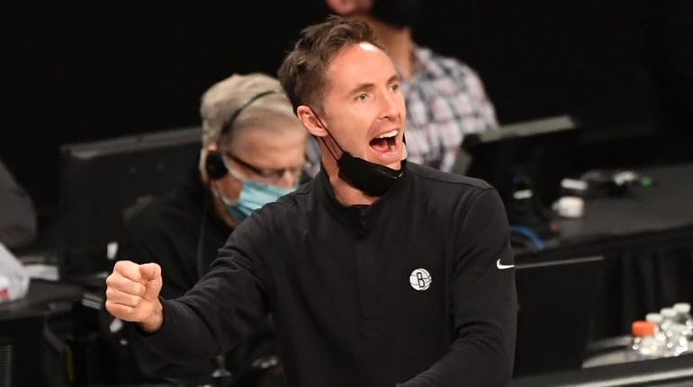 Nets head coach Steve Nash reacts during the second half...