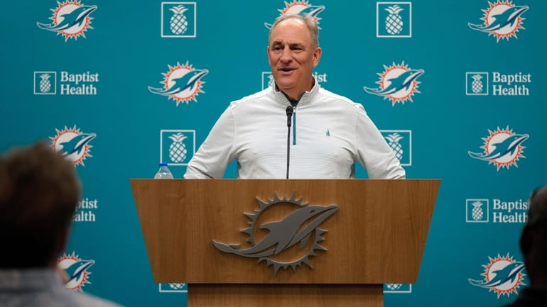 Miami Dolphins new defensive coordinator Vic Fangio speaks during an...