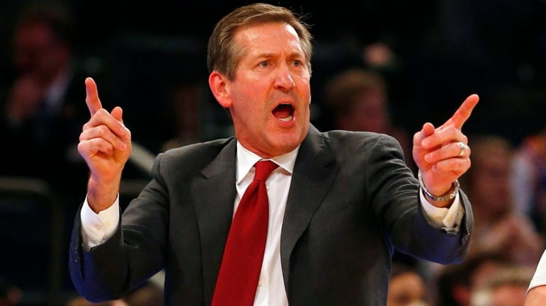 Jeff Hornacek of the Knicks reacts against the Nuggets at...