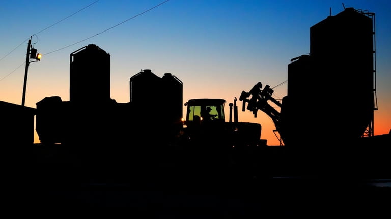 A worker drives a tractor to the feed silos at...