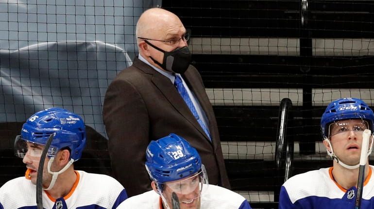 Head coach Barry Trotz of the Islanders looks on during the...