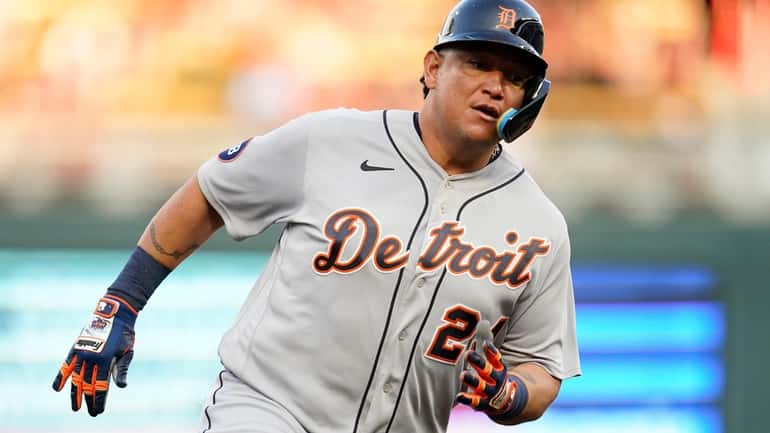 Detroit Tigers designated hitter Miguel Cabrera runs the bases to...