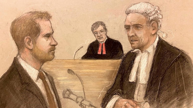 A courtroom artist's sketch of Prince Harry being cross-examined by attorney...