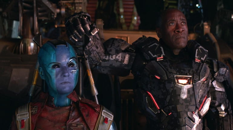 Nebula (Karen Gillan), left, and War Machine/James Rhodey (Don Cheadle)...