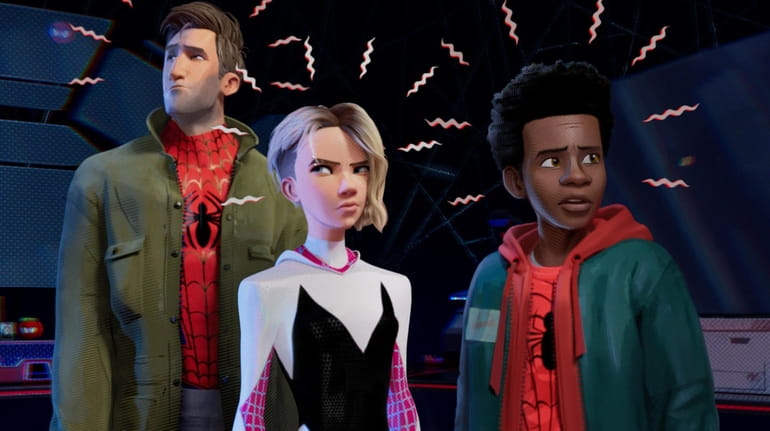 Peter Parker, left, voiced by Jake Johnson, Gwen Stacy, played...