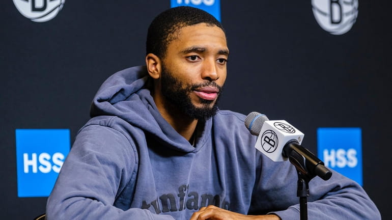 Mikal Bridges speaks during Nets player exit interviews at their training facility...