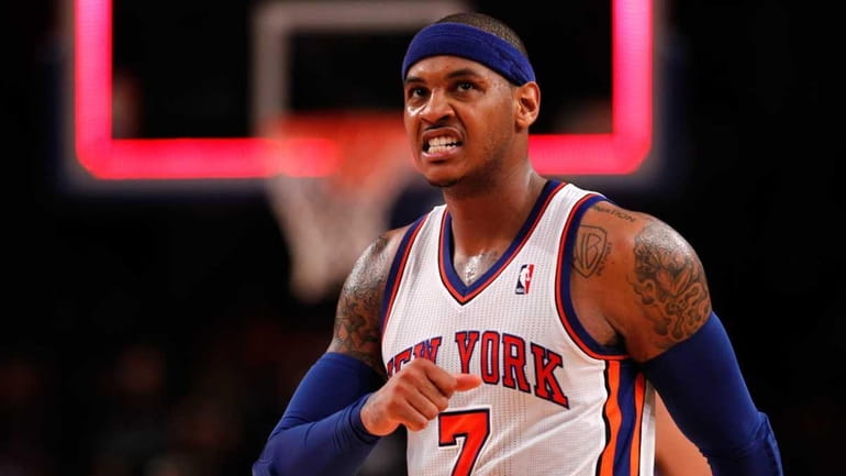 Carmelo Anthony of the New York Knicks reacts in the...