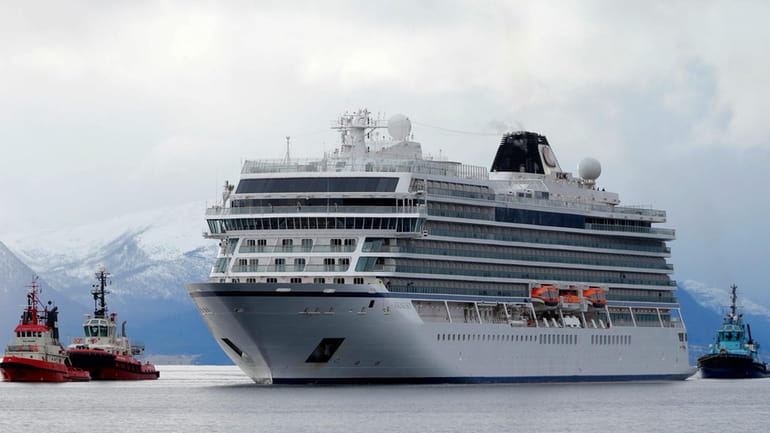 The cruise ship Viking Sky arrives at port off Molde,...