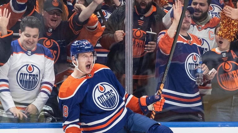 Edmonton Oilers' Zach Hyman (18) celebrates a goal against the...