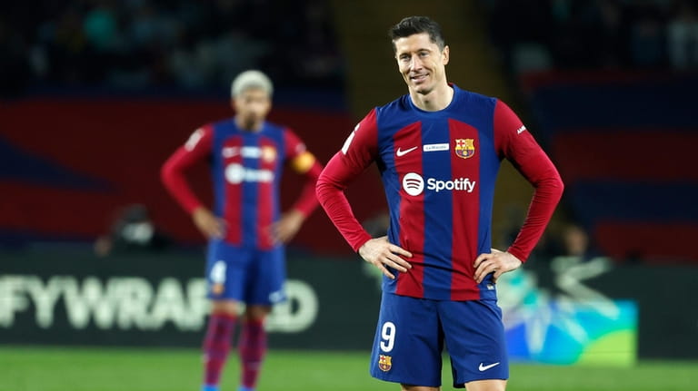 Barcelona's Robert Lewandowski smiles during the Spanish La Liga soccer...
