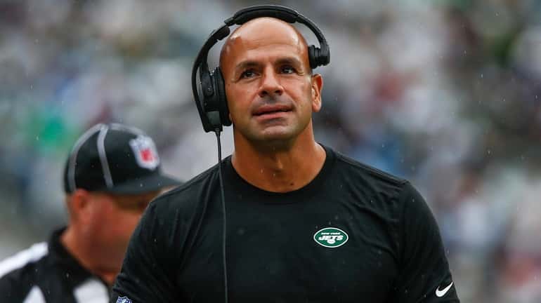 Jets head coach Robert Saleh reacts during the first half...