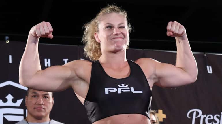 PFL lightweight Kayla Harrison appears at the ceremonial weigh-ins for...