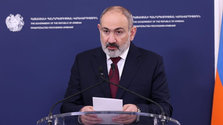 Armenia's Prime Minister Nikol Pashinyan speaks during joint statements with...