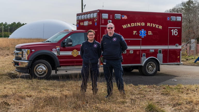 Wading River Fire Deptartment EMT Jamol Mardonov, left, and paramedic Matthew Cahill...