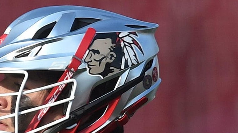 The logo on the helmet of a Syosset Braves boys lacrosse player.