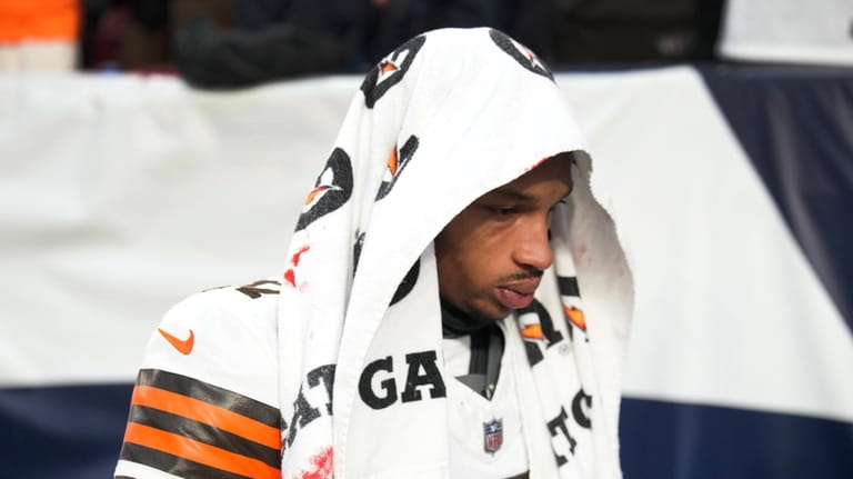 Cleveland Browns quarterback Dorian Thompson-Robinson is seen after being injured...