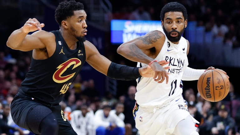 Nets guard Kyrie Irving drives against Cavaliers guard Donovan Mitchell during the...
