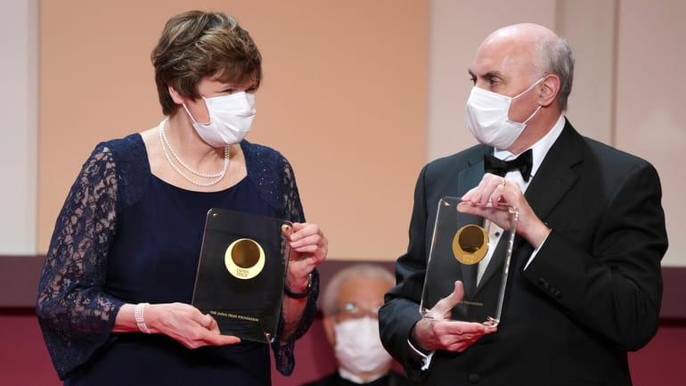 Japan Prize 2022 laureates Hungarian-American biochemist Katalin Kariko, left, and...