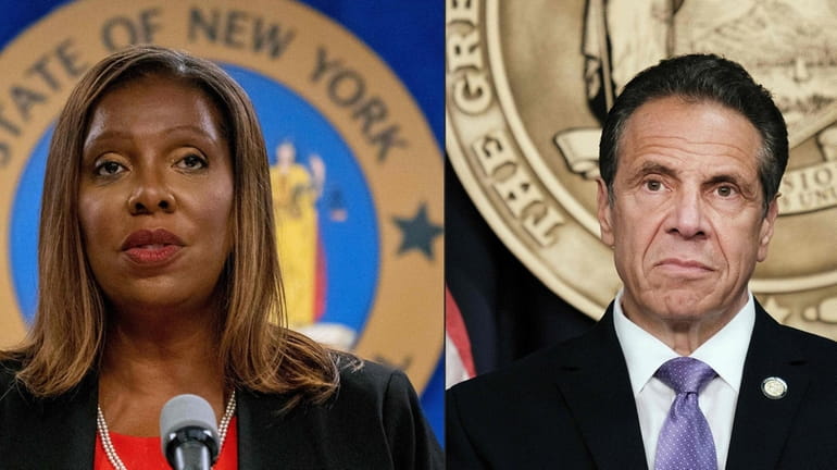 New York Attorney General Letitia James, left, presents the findings of...