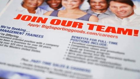 A flyer advertises job openings with Big 5 Sporting Goods...