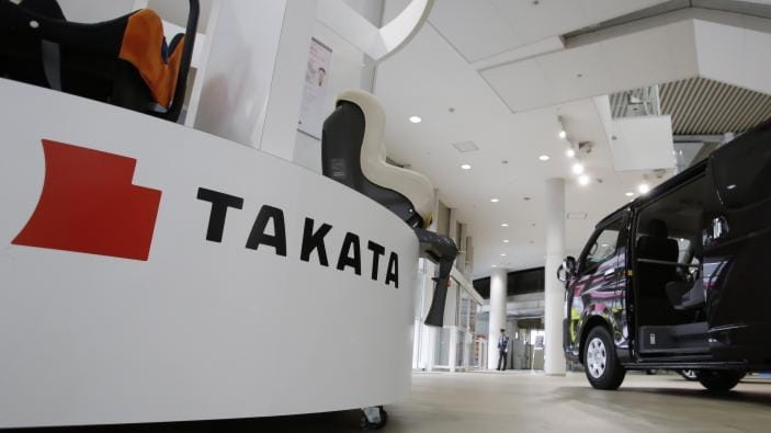 Child seats manufactured by Takata Corp. are displayed at a...
