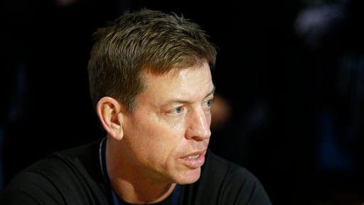 Troy Aikman speaks during an interview at the NFL Super...