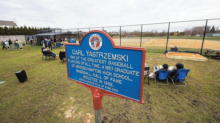 A plaque dedicating a new baseball field to former Bridgehampton...
