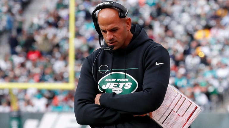 Jets head coach Robert Saleh looks on during the second...
