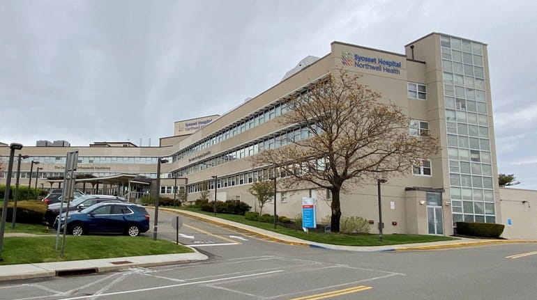 Two nurses at Syosset Hospital, shown in April 2020, are suing...