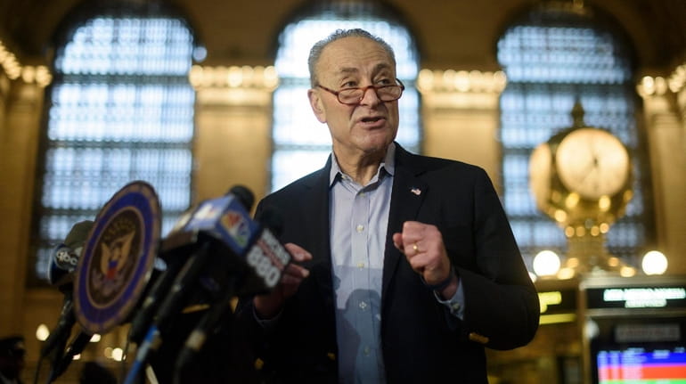 Sen. Chuck Schumer during a news conference at Grand Central Terminal...