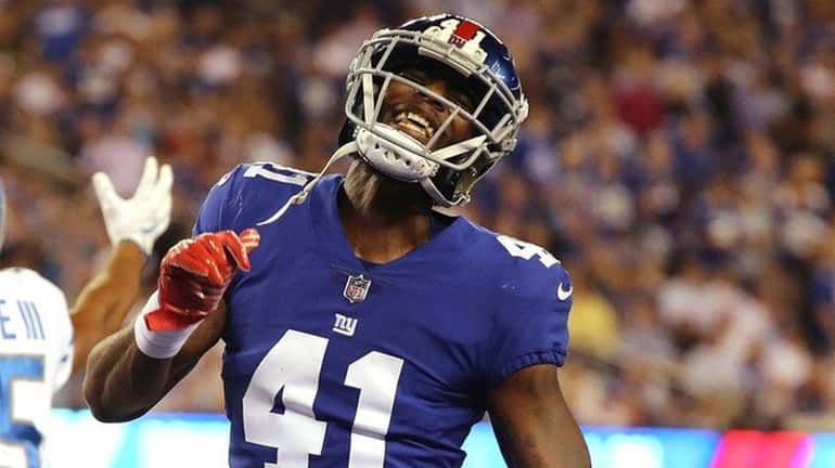 Dominique Rodgers-Cromartie of the New York Giants reacts against Golden...