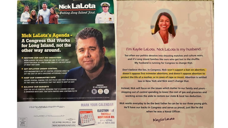 Republican congressional candidate Nick LaLota's flyer, with his wife Kaylie's...