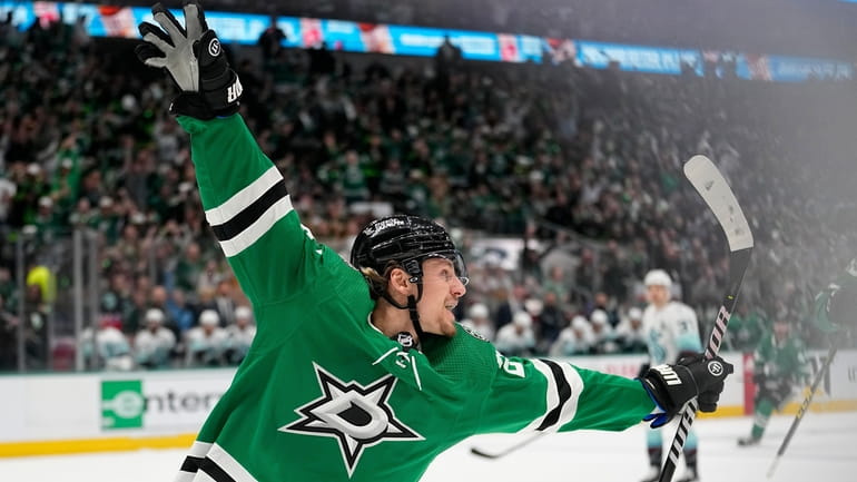Dallas Stars' Roope Hintz celebrates after scoring against the Seattle...
