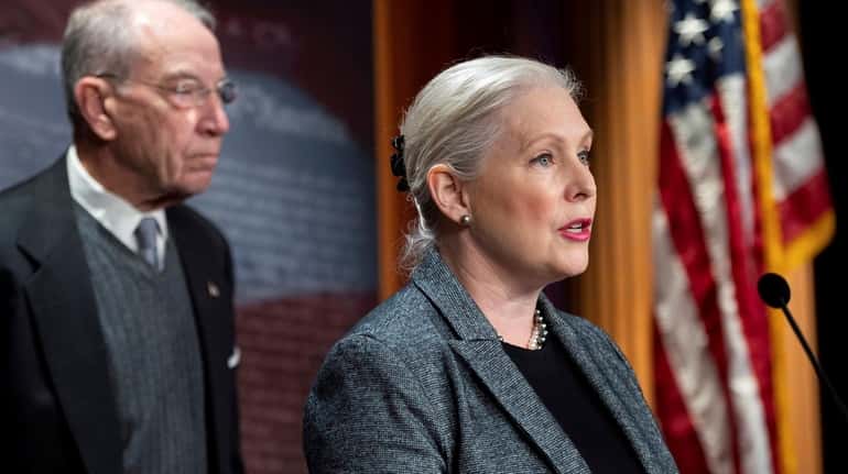 Senator Kirsten Gillibrand (D-N.Y.) speaks to the news media about...