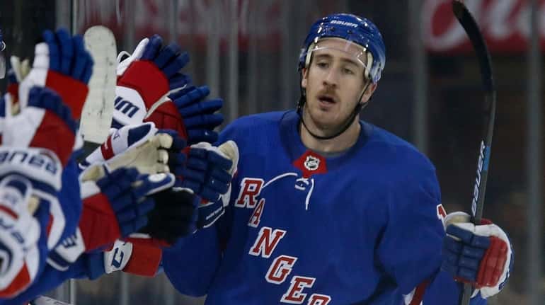 Kevin Hayes of the Rangers celebrates his goal against the...