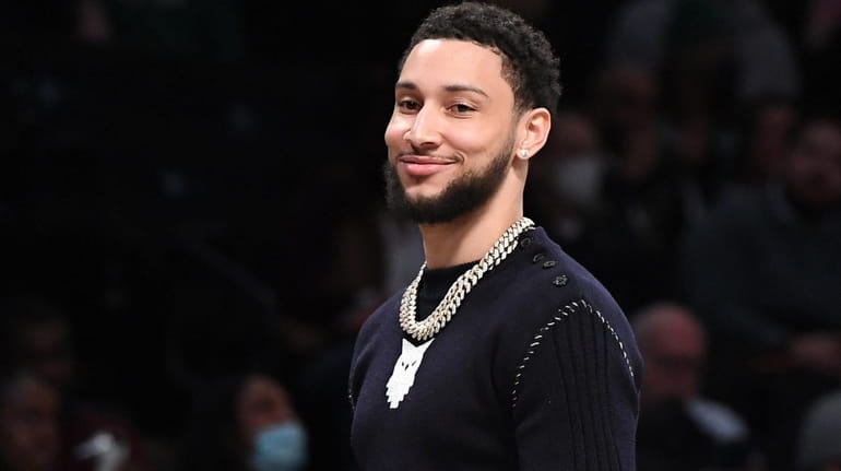 Brooklyn Nets guard Ben Simmons reacts during a timeout against...