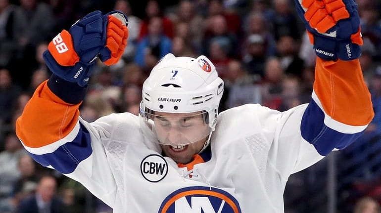 The Islanders' Jordan Eberle celebrates scoring a goal against the Avalanche in...