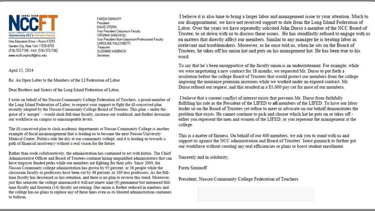 The letter from Faren Siminoff, president of the Nassau Community...