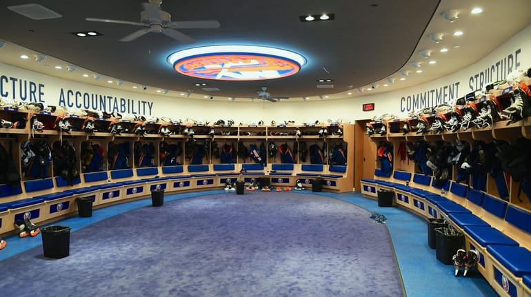 A view of the Islanders' empty locker room at Northwell...