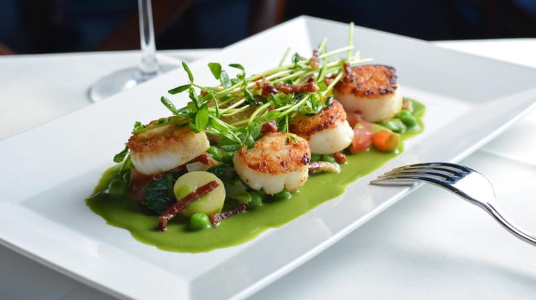 Sea scallops with prosciutto and spring vegetables at The Lake...