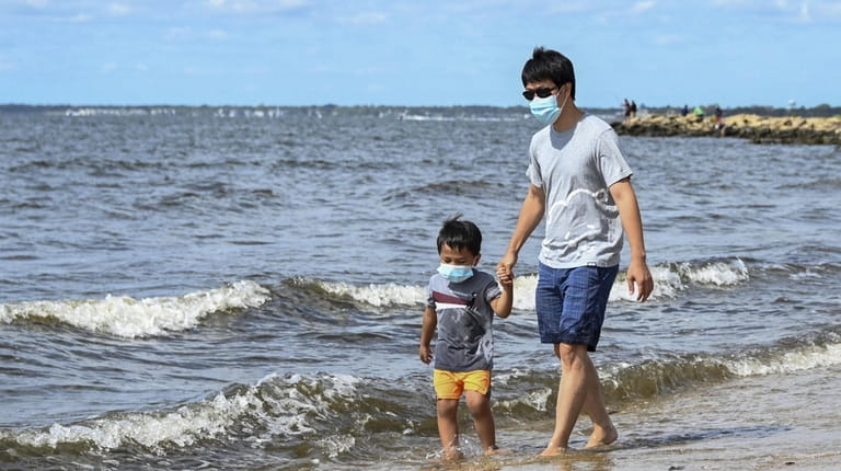 Howard Nguyen, 40, of Mineola, and his son Andrew, 5, wear masks...