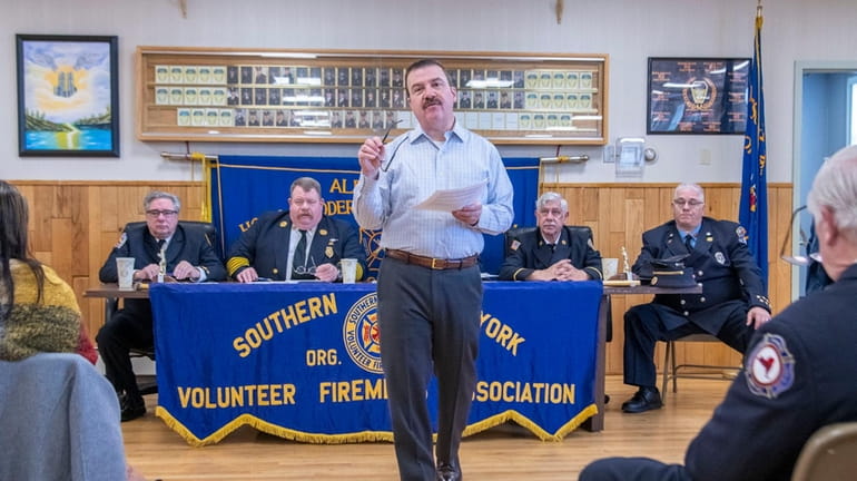 Firefighters Association of New York spokesperson Robert Leonard speaking during an...