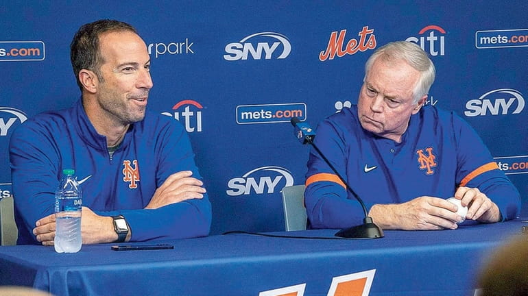 Mets general manager Billy Eppler, left, and manager Buck Showalter during...