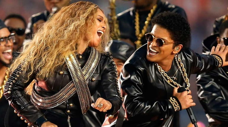 Beyonce and Bruno Mars perform during the halftime show at...