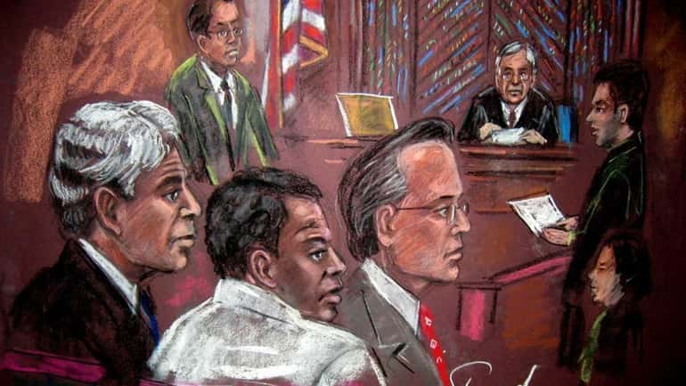 A drawing shows Ahmed Ghailani, center left, with his defense...