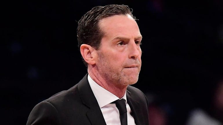 Nets head coach Kenny Atkinson reacts against the Knicks at Barclays Center...