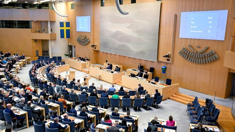 A view of the Swedish Parliament as lawmakers vote on...