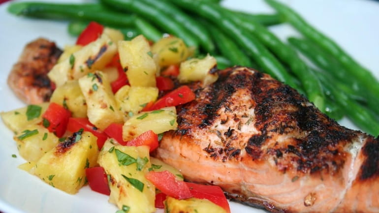 Grilled salmon with grilled pineapple topping.