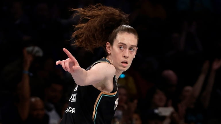 Breanna Stewart #30 of the Liberty reacts after a a...
